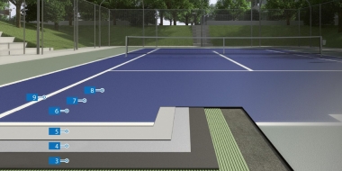 MAPECOAT TNS COMFORT: Didelio elastingumo daugiasluoksnė akrilo dervos pagrindu sukurta sistema, kartu su kilimėliu iš gumos granulių, skirta profesionaliems vidaus ir lauko teniso aikštynams